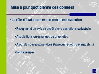 Mise à jour quotidienne des données

Le rôle d’évaluation est en constante évolution

   Réception d’un avis de dépôt d’une opérations cadastrale

   Acquisitions ou échanges de propriétés

   Ajout de nouveaux services (Aqueduc, égoût, pavage, etc...)

   Petit exemple...




                                                               15
                                                    15
 