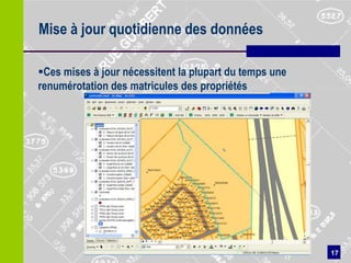 Mise à jour quotidienne des données

Ces mises à jour nécessitent la plupart du temps une
renumérotation des matricules des propriétés




                                                         17
                                                    17
 