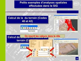 Petits exemples d’analyses spatiales
                 effectuées dans le SIG



Calcul de la du terrain (Codes
           40 et 42)




Calcul de la zone inondable du dans le rôle
              On inscrit les valeurs
       terrain (Code 49)




                                                   23
                                              23
 