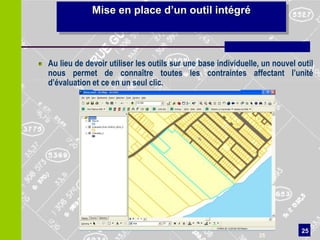 Mise en place d’un outil intégré



Au lieu de devoir utiliser les outils sur une base individuelle, un nouvel outil
nous permet de connaître toutes les contraintes affectant l’unité
d’évaluation et ce en un seul clic.




                                                                            25
                                                               25
 