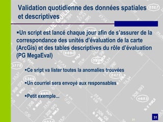 Validation quotidienne des données spatiales
et descriptives

Un script est lancé chaque jour afin de s’assurer de la
correspondance des unités d’évaluation de la carte
(ArcGis) et des tables descriptives du rôle d’évaluation
(PG MegaEval)

   Ce sript va lister toutes la anomalies trouvées

   Un courriel sera envoyé aux responsables

   Petit exemple...


                                                           31
                                                      31
 