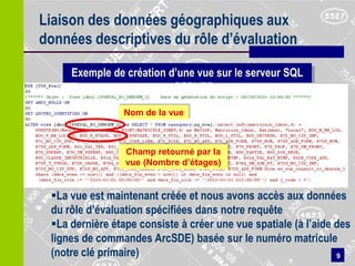 Liaison des données géographiques aux
données descriptives du rôle d’évaluation

     Exemple de création d’une vue sur le serveur SQL
                          SERVER

                 Nom de la vue



                 Champ retourné par la
                 vue (Nombre d’étages)


 La vue est maintenant créée et nous avons accès aux données
 du rôle d’évaluation spécifiées dans notre requête
 La dernière étape consiste à créer une vue spatiale (à l’aide des
 lignes de commandes ArcSDE) basée sur le numéro matricule
 (notre clé primaire)                                           9
                                                     9
 