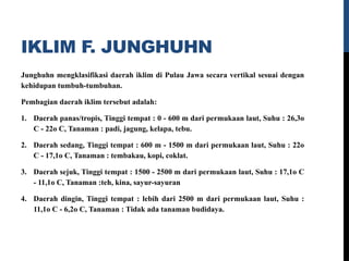 IKLIM F. JUNGHUHN
Junghuhn mengklasifikasi daerah iklim di Pulau Jawa secara vertikal sesuai dengan
kehidupan tumbuh-tumbuhan.
Pembagian daerah iklim tersebut adalah:
1. Daerah panas/tropis, Tinggi tempat : 0 - 600 m dari permukaan laut, Suhu : 26,3o
C - 22o C, Tanaman : padi, jagung, kelapa, tebu.
2. Daerah sedang, Tinggi tempat : 600 m - 1500 m dari permukaan laut, Suhu : 22o
C - 17,1o C, Tanaman : tembakau, kopi, coklat.
3. Daerah sejuk, Tinggi tempat : 1500 - 2500 m dari permukaan laut, Suhu : 17,1o C
- 11,1o C, Tanaman :teh, kina, sayur-sayuran
4. Daerah dingin, Tinggi tempat : lebih dari 2500 m dari permukaan laut, Suhu :
11,1o C - 6,2o C, Tanaman : Tidak ada tanaman budidaya.
 