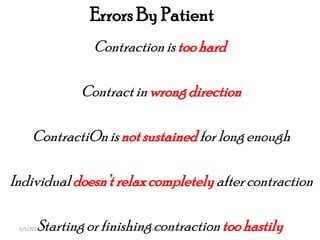 Errors By Patient
Contractionis toohard
Contractinwrongdirection
ContractiOnisnotsustainedfor longenough
Individualdoesn’trelaxcompletely aftercontraction
Startingor finishingcontractiontoohastilyMET Venus Pagare5/5/2014
 