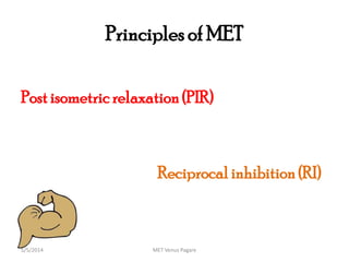 Principles of MET
Postisometric relaxation (PIR)
Reciprocal inhibition (RI)
MET Venus Pagare5/5/2014
 