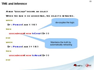 Accumulate CE Patterns and CE's can be chained with ' from ' rule   "collect" when   $zipCode : ZipCode() $sum : Number( intValue > 100 )  from   accumulate ( Bus( color  ==  "red" , $t : takings ) from  $hbn.getNamedQuery( “Find Buses” ) .setParameters( [  “zipCode”  :  $zipCode ] ) .list(), sum( $t )  ) then print  "sum is “  + $sum; end 