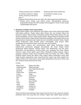 Pengacuan pada uraian sesudahnya         Pengacuan pada uraian sebelumnya
        Ini, berikut, berikut ini, sebagai       Itu, demikian, tersebut, di atas,
        berikut, di bawah, di bawah ini.         sebelumnya.
       Tugas 5 :
       Nyatakan kalimat berikut benar atau salah! Jika salah, bagaimana perbaikannya?
       1. Melalui proses belajar yang dialami petani, berkembanglah pertanyaan
          pengetahuan tentang sifat-sifat serangan hama penggerek. Proses ini jelas sangat
          menguntungkan para petani.


3. Kepekaan terhadap variasi ragam bahasa
   Ragam bahasa adalah variasi pemakaian suatu bahasa secara umum tetapi tetap berpola
   pada bahasa induknya. Ragam bahasa dapat ditinjau dari segi pemakai bahasa dan
   pemakaian bahasa. Ragam bahasa berdasarkan pemakai bahasa dapat ditinjau dari segi
   daerah, pendidikan, usia dan sikap pemakai bahasa. Ragam bahasa berdasarkan daerah
   pemakai disebut dialek. Ragam bahasa berdasarkan pendidikan ialah ragam bahasa yang
   penggunaannya bergantung pada tingkat dan jenis pendidikan pemakai bahasa. Ragam
   bahasa berdasarkan sikap pemakai bahasa menunjukkan sikap penutur dalam
   menghadapi lawan berbicara (status sosial atau umur yang berbeda).
   Ragam bahasa menurut jenis pemakaiannya dapat dibagi berdasarkan bidang
   kegiatan/mata pencaharian, gangguan pencampuran, dan sarana. Ragam bahasa
   berdasarkan bidang kegiatan, misalnya agama, ilmu danteknologi, seni dan sastra.
   Berdasarkan mata pencaharian, misalnya petani, guru, pedagang, dan militer. Bahasa
   Indonesia ragam ilmiah adalah ragam bahasa berdasarkan bidang kegiatan. Ragam
   gangguan campuran terjadi karena pengaruh bentuk dua bahasa atau lebih, isalkan
   pengaruh bahasa daerah dan bahasa asing. Ragam bahasa berdasarkan sarana ialah
   ragam lisandan ragamtulisan. Kata yang berasal dari ragam lisan tidak mungkin kita
   gunakan dalam jenis tulisan ilmiah, namun dapat dipergunakan dalam jenis tulisan yang
   lain, misalnya tulisan jurnalistik atau iklan.
  Contoh :
   Ragam lisan           Ragam tulis baku
   tergantung pada       bergantung pada
   masuk akal            logis, dapat diterima akal
   gampang               mudah
   terburu-buru          tergesa-gesa
   enteng                ringan
   kebesaran             terlalu besar
   buta                  tunanetra
   tuli                  tunarungu
   mau                   akan, hendak
   meski                 meskipun
   walau                 walaupun
   sebelumnya            sebelum itu
   sesudahnya            sesudah itu
   kenapa                mengapa

  Selain kesadaran akan perbedaan antara ragam lisan dan tulis di atas, juga harus disadari
  perbedaan antara kata yang baku dan nonbaku. Ragam baku adalah ragam penulisan

                     Teknik Penulisan dan Presentasi/Lukmanulhakim Almamalik/Bab VI –Halaman   8
 