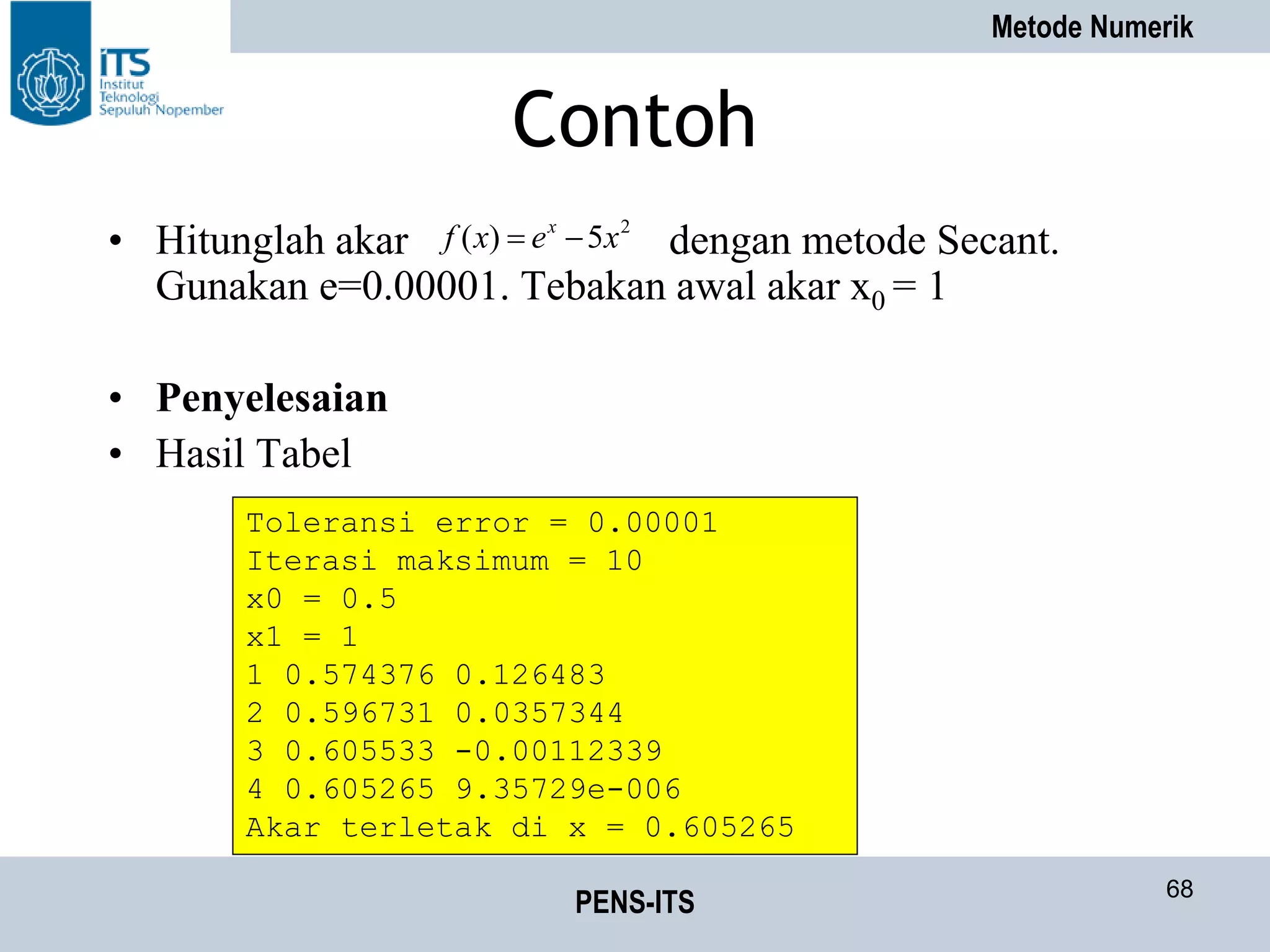 Metode Numerik
PENS-ITS 68
Contoh
• Hitunglah akar dengan metode Secant.
Gunakan e=0.00001. Tebakan awal akar x0 = 1
• Penyelesaian
• Hasil Tabel
2
5)( xexf x

Toleransi error = 0.00001
Iterasi maksimum = 10
x0 = 0.5
x1 = 1
1 0.574376 0.126483
2 0.596731 0.0357344
3 0.605533 -0.00112339
4 0.605265 9.35729e-006
Akar terletak di x = 0.605265
 