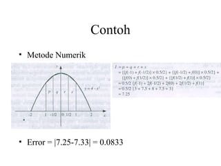 Contoh
• Metode Numerik

• Error = |7.25-7.33| = 0.0833

 