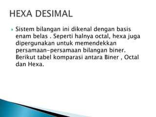  Sistem bilangan ini dikenal dengan basis
enam belas . Seperti halnya octal, hexa juga
dipergunakan untuk memendekkan
persamaan-persamaan bilangan biner.
Berikut tabel komparasi antara Biner , Octal
dan Hexa.
 