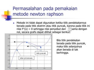 Permasalahan pada pemakaian
metode newton raphson
 Metode ini tidak dapat digunakan ketika titik pendekatannya
berada pada titik ekstrim atau titik puncak, karena pada titik ini
nilai F1(x) = 0 sehingga nilai penyebut dari sama dengan
nol, secara grafis dapat dilihat sebagai berikut:
Bila titik pendekatan
berada pada titik puncak,
maka titik selanjutnya
akan berada di tak
berhingga.
 
 
x
F
x
F
1
 