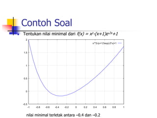 Contoh Soal
 Tentukan nilai minimal dari f(x) = x2-(x+1)e-2x+1
-0.5
0
0.5
1
1.5
2
-1 -0.8 -0.6 -0.4 -0.2 0 0.2 0.4 0.6 0.8 1
x**2-(x+1)*exp(-2*x)+1
nilai minimal terletak antara –0.4 dan –0.2
 