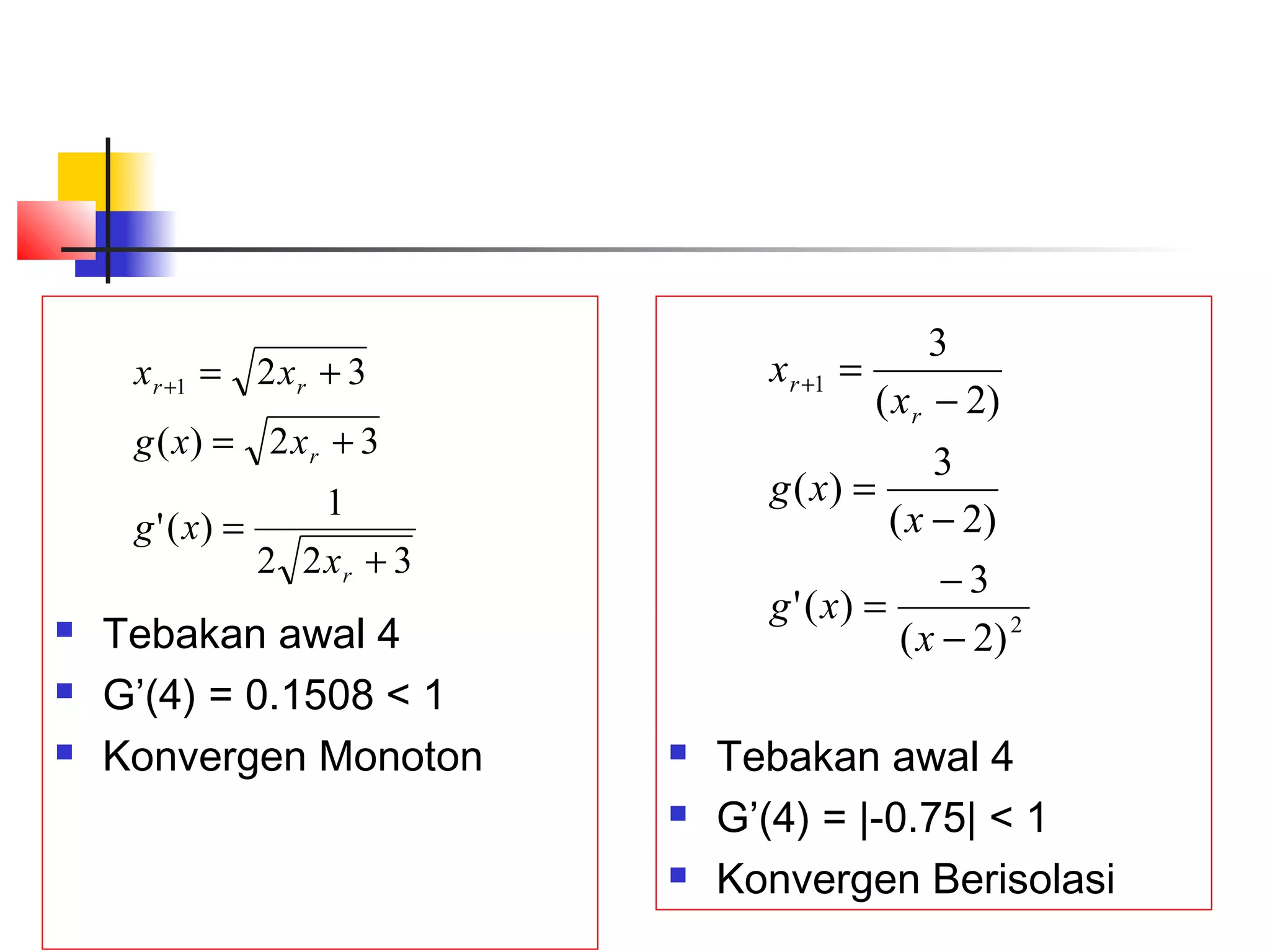 x r +1

x r +1 = 2 x r + 3
g ( x) = 2 x r + 3
g ' ( x) =




3
( x − 2)
−3
g ' ( x) =
( x − 2) 2
g ( x) =

1
2 2 xr + 3

Tebakan awal 4
G’(4) = 0.1508 < 1
Konvergen Monoton

3
=
( x r − 2)





Tebakan awal 4
G’(4) = |-0.75| < 1
Konvergen Berisolasi

 