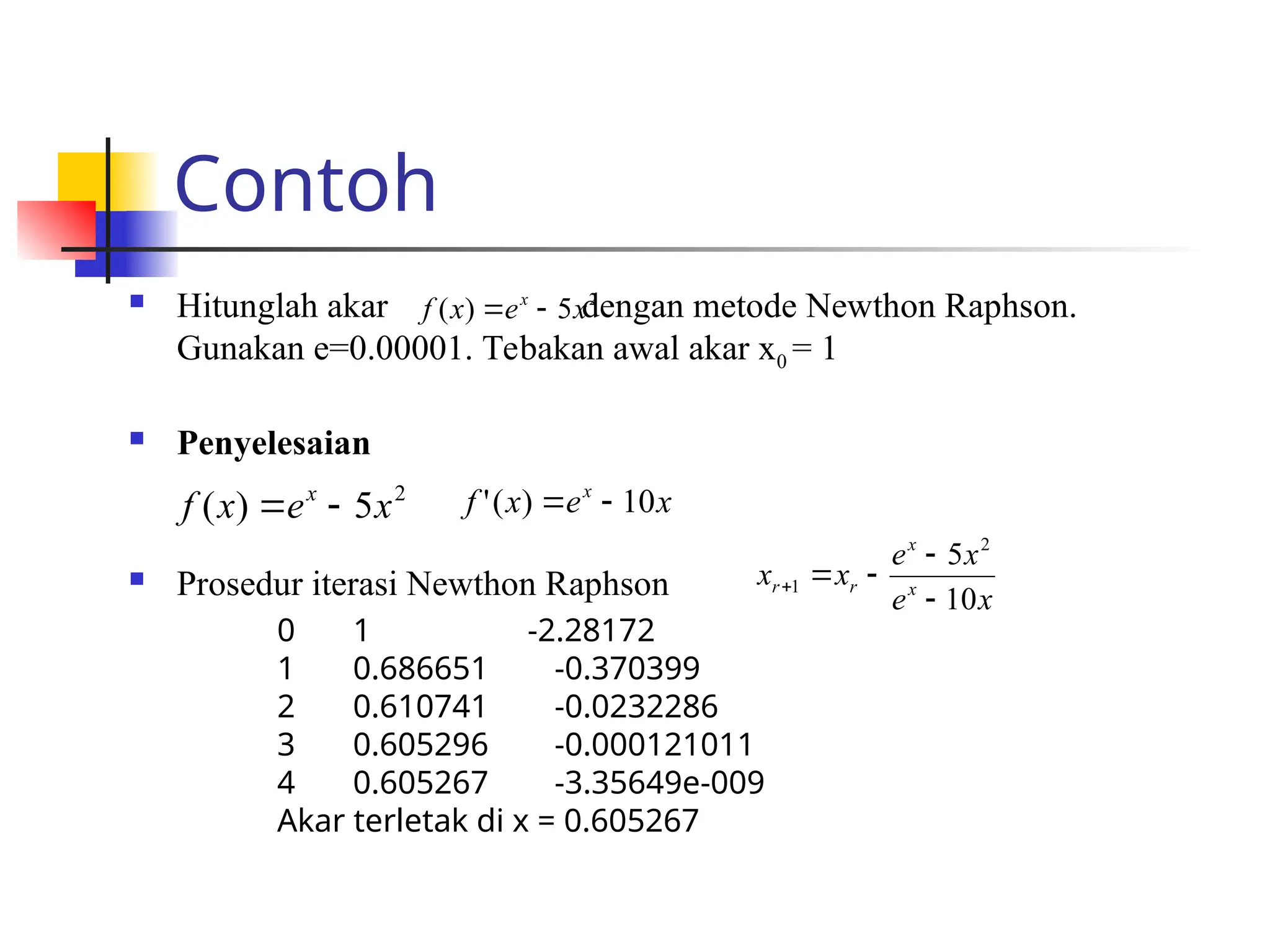 Contoh
 Hitunglah akar dengan metode Newthon Raphson.
Gunakan e=0.00001. Tebakan awal akar x0 = 1
 Penyelesaian
 Prosedur iterasi Newthon Raphson
2
5
)
( x
e
x
f x


2
5
)
( x
e
x
f x

 x
e
x
f x
10
)
(
' 

x
e
x
e
x
x x
x
r
r
10
5 2
1





0 1 -2.28172
1 0.686651 -0.370399
2 0.610741 -0.0232286
3 0.605296 -0.000121011
4 0.605267 -3.35649e-009
Akar terletak di x = 0.605267
 