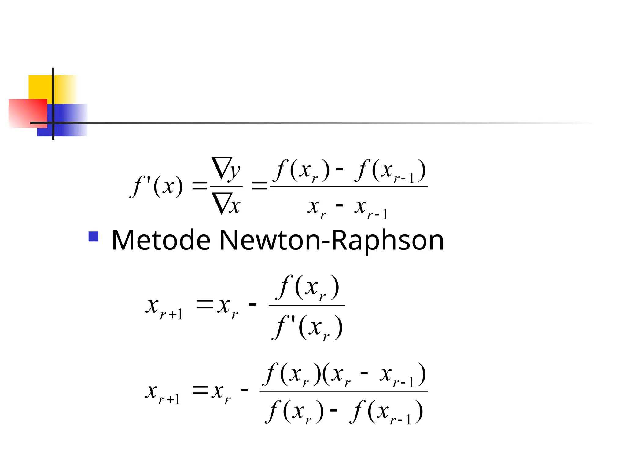  Metode Newton-Raphson
1
1 )
(
)
(
)
(
'








r
r
r
r
x
x
x
f
x
f
x
y
x
f
)
(
'
)
(
1
r
r
r
r
x
f
x
f
x
x 


)
(
)
(
)
)(
(
1
1
1







r
r
r
r
r
r
r
x
f
x
f
x
x
x
f
x
x
 