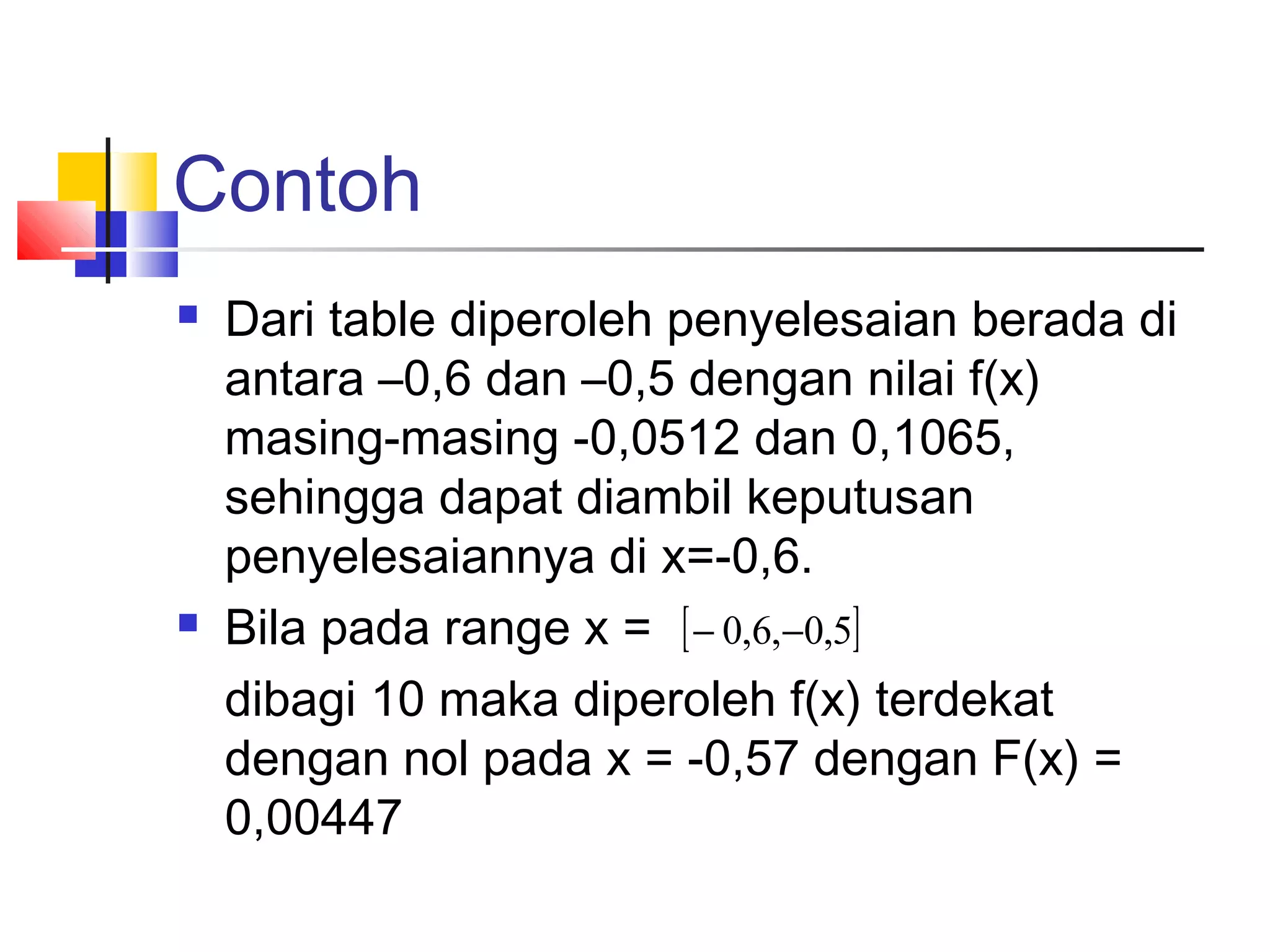Contoh




Dari table diperoleh penyelesaian berada di
antara –0,6 dan –0,5 dengan nilai f(x)
masing-masing -0,0512 dan 0,1065,
sehingga dapat diambil keputusan
penyelesaiannya di x=-0,6.
Bila pada range x = [ − 0,6,−0,5]
dibagi 10 maka diperoleh f(x) terdekat
dengan nol pada x = -0,57 dengan F(x) =
0,00447

 