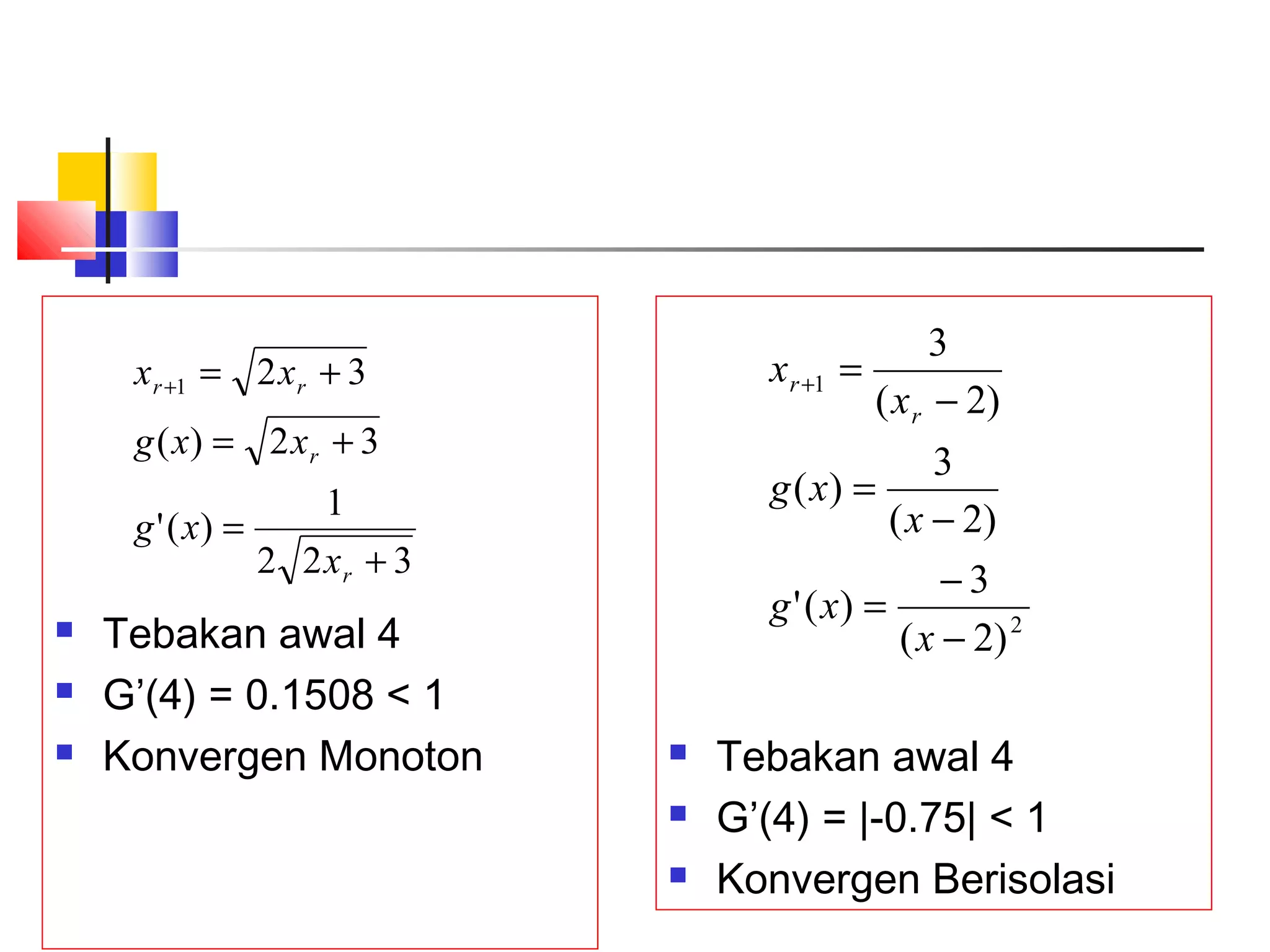 x r +1

x r +1 = 2 x r + 3
g ( x) = 2 x r + 3
g ' ( x) =




3
( x − 2)
−3
g ' ( x) =
( x − 2) 2
g ( x) =

1
2 2 xr + 3

Tebakan awal 4
G’(4) = 0.1508 < 1
Konvergen Monoton

3
=
( x r − 2)





Tebakan awal 4
G’(4) = |-0.75| < 1
Konvergen Berisolasi

 