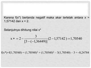 Karena f(x*) bertanda negatif maka akar terletak antara x =
1,57142 dan x = 2.
Selanjutnya dihitung nilai x*
1,70540
)
57142
,
1
(2
)]
36449
,
1
(
[3
3
2
x 






f(x*)=f(1,70540) = (1,70540)3 + (1,70540)2 – 3(1,70540) – 3 = -0,24784
 