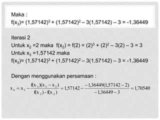Maka :
f(x3)= (1,57142)3 + (1,57142)2 – 3(1,57142) – 3 = -1,36449
Iterasi 2
Untuk x2 =2 maka f(x2) = f(2) = (2)3 + (2)2 – 3(2) – 3 = 3
Untuk x3 =1,57142 maka
f(x3)= (1,57142)3 + (1,57142)2 – 3(1,57142) – 3 = -1,36449
Dengan menggunakan persamaan :
70540
,
1
3
36449
,
1
)
2
57142
,
1
(
36449
,
1
57142
,
1
)
f(x
-
)
f(x
)
x
)(x
f(x
x
x
2
3
2
3
3
3
4 









 