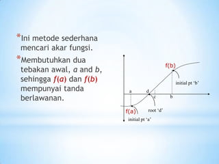 *Ini metode sederhana
mencari akar fungsi.
*Membutuhkan dua
tebakan awal, a and b,
sehingga f(a) dan f(b)
mempunyai tanda
berlawanan.
initial pt ‘a’
root ‘d’
initial pt ‘b’
a
c b
d
f(a)
f(b)
 