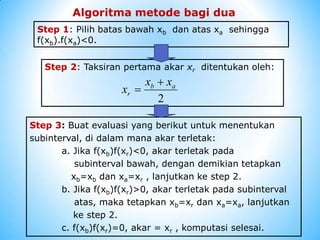 Step 1: Pilih batas bawah xb dan atas xa sehingga
f(xb).f(xa)<0.
Step 2: Taksiran pertama akar xr ditentukan oleh:
Step 3: Buat evaluasi yang berikut untuk menentukan
subinterval, di dalam mana akar terletak:
a. Jika f(xb)f(xr)<0, akar terletak pada
subinterval bawah, dengan demikian tetapkan
xb=xb dan xa=xr , lanjutkan ke step 2.
b. Jika f(xb)f(xr)>0, akar terletak pada subinterval
atas, maka tetapkan xb=xr dan xa=xa, lanjutkan
ke step 2.
c. f(xb)f(xr)=0, akar = xr , komputasi selesai.
2
a
b
r
x
x
x


Algoritma metode bagi dua
 