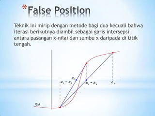 *
Teknik ini mirip dengan metode bagi dua kecuali bahwa
iterasi berikutnya diambil sebagai garis intersepsi
antara pasangan x-nilai dan sumbu x daripada di titik
tengah.
 