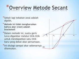 *
*Sekali lagi tebakan awal adalah
dipilih.
*Metode ini tidak mengharuskan
bahwa akar (root) adalah
bracketed!
*Dalam metode ini, suatu garis
lurus digambar melalui titik-titik
untuk mendapatkan satu titik
baru yang dekat akar persamaan.
*Ini diulagi sampai akar sebenarnya
ditemukan.
 