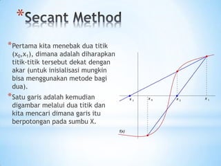*
*Pertama kita menebak dua titik
(x0,x1), dimana adalah diharapkan
titik-titik tersebut dekat dengan
akar (untuk inisialisasi mungkin
bisa menggunakan metode bagi
dua).
*Satu garis adalah kemudian
digambar melalui dua titik dan
kita mencari dimana garis itu
berpotongan pada sumbu X.
 