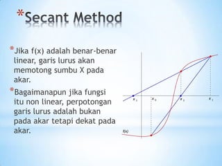 *
*Jika f(x) adalah benar-benar
linear, garis lurus akan
memotong sumbu X pada
akar.
*Bagaimanapun jika fungsi
itu non linear, perpotongan
garis lurus adalah bukan
pada akar tetapi dekat pada
akar.
 