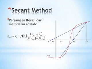 *
*Persamaan Iterasi dari
metode ini adalah:
   
   
n
n
n
n
n
n
n
x
f
x
f
x
x
x
f
x
x







1
1
1
 