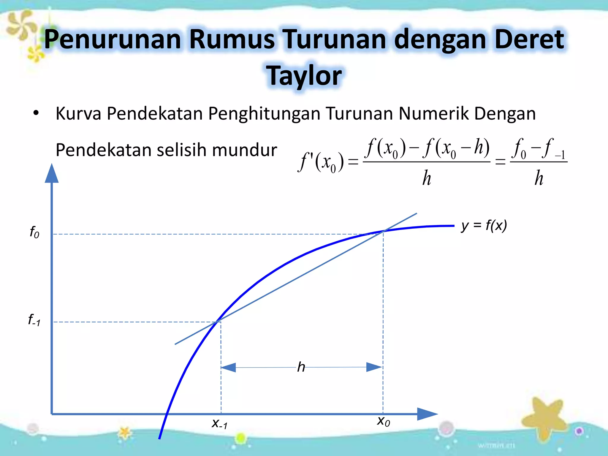 Penurunan Rumus Turunan dengan Deret
                    Taylor
 • Kurva Pendekatan Penghitungan Turunan Numerik Dengan
      Pendekatan selisih mundur                f ( x0 ) f ( x0 h)      f0 f   1
                                  f ' ( x0 )
                                                        h                h

f0                                                          y = f(x)




f-1


                                  h


                       x-1                      x0
 