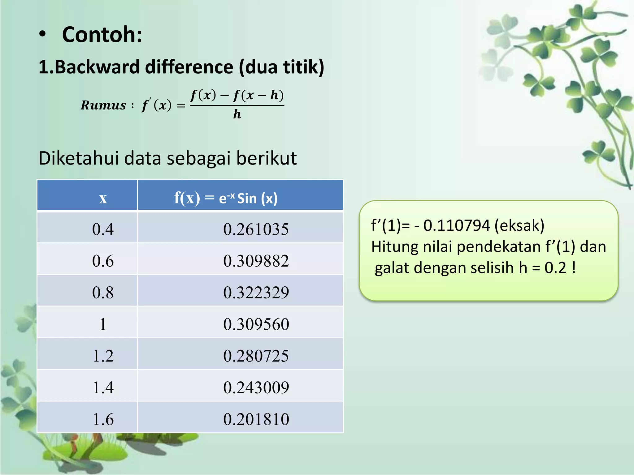 • Contoh:
1.Backward difference (dua titik)
                      𝒇 𝒙 − 𝒇(𝒙 − 𝒉)
     𝑹𝒖𝒎𝒖𝒔 ∶ 𝒇′ 𝒙 =
                            𝒉


Diketahui data sebagai berikut
       x         f(x) = e-x Sin (x)
      0.4                 0.261035     f’(1)= - 0.110794 (eksak)
                                       Hitung nilai pendekatan f’(1) dan
      0.6                 0.309882      galat dengan selisih h = 0.2 !
      0.8                 0.322329
       1                  0.309560
      1.2                 0.280725
      1.4                 0.243009
      1.6                 0.201810
 