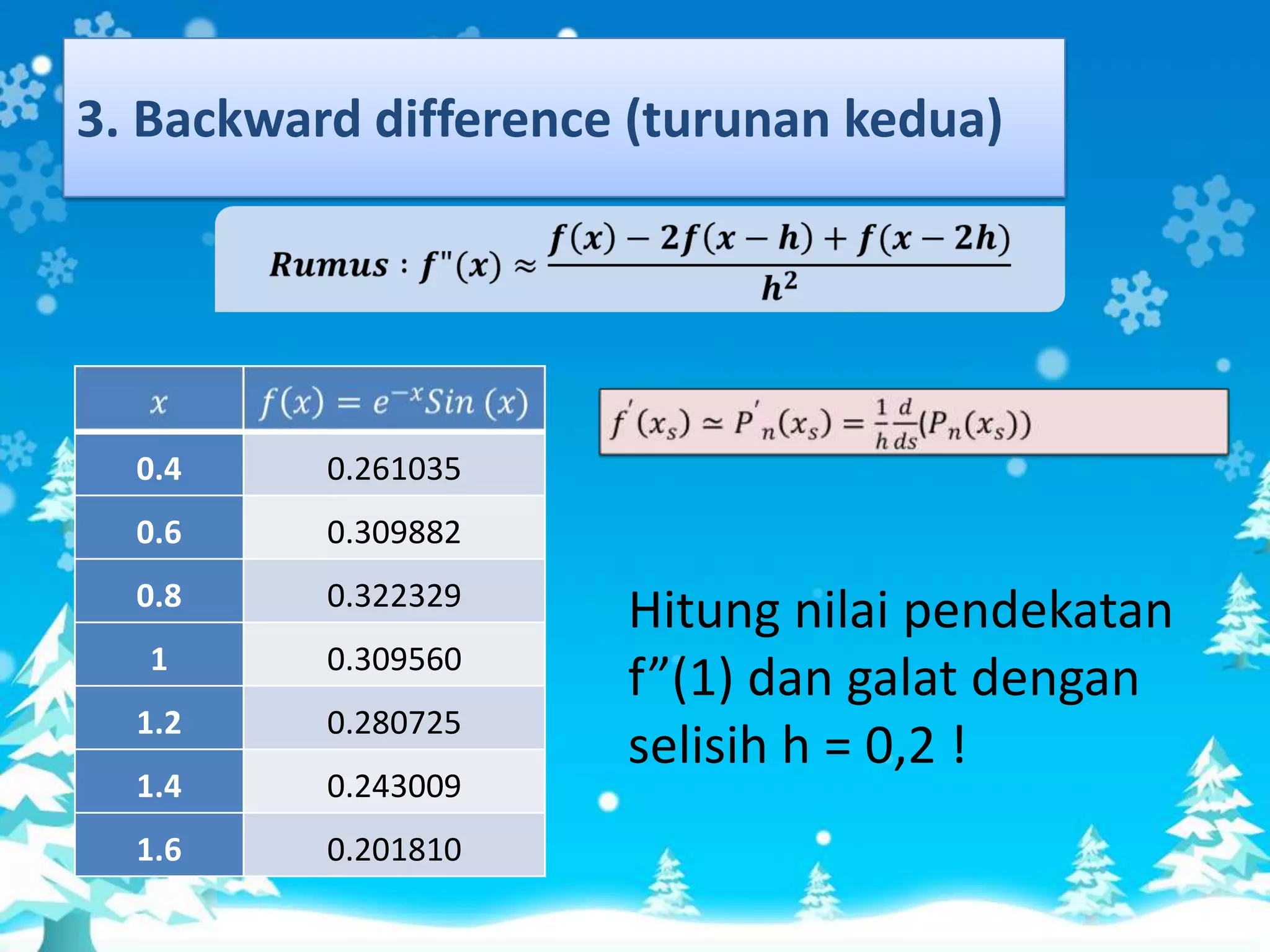 3. Backward difference (turunan kedua)




  0.4     0.261035
  0.6     0.309882
  0.8     0.322329
                      Hitung nilai pendekatan
   1      0.309560
                      f”(1) dan galat dengan
  1.2     0.280725
                      selisih h = 0,2 !
  1.4     0.243009
  1.6     0.201810
 