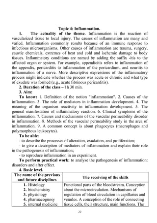 Topic 4: Inflammation.
1. The actuality of the theme. Inflammation is the reaction of
vascularized tissue to local injury. The causes of inflammation are many and
varied. Inflammation commonly results because of an immune response to
infectious microorganisms. Other causes of inflammation are trauma, surgery,
caustic chemicals, extremes of heat and cold and ischemic damage to body
tissues. Inflammatory conditions are named by adding the suffix -itis to the
affected organ or system. For example, appendicitis refers to inflammation of
the appendix, pericarditis to inflammation of the pericardium, and neuritis to
inflammation of a nerve. More descriptive expressions of the inflammatory
process might indicate whether the process was acute or chronic and what type
of exudate was formed (e.g., acute fibrinous pericarditis).
2. Duration of the class – 1h 30 min.
3. Aim:
To know: 1. Definition of the notion "inflammation". 2. Causes of the
inflammation. 3. The role of mediators in inflammation development. 4. The
meaning of the organism reactivity in inflammation development. 5. The
general manifestation of inflammatory reaction. 6. Clinical symptoms of the
inflammation. 7. Causes and mechanisms of the vascular permeability disorder
in inflammation. 8. Methods of the vascular permeability study in the area of
inflammation. 9. A common concept is about phagocytes (macrophages and
polymorphous leukocytes).
To be able:
- to describe the processes of alteration, exudation, and proliferation;
- to give a description of mediators of inflammation and explain their role
in the pathogenesis of inflammation;
- to reproduce inflammation in an experiment.
To perform practical work: to analyse the pathogenesis of inflammation:
disorders and after effect.
4. Basic level.
The name of the previous
and future disciplines
The receiving of the skills
1. Histology
2. biochemistry
3. physiology
4. pharmacognosy
5. internal medicine
Functional parts of the bloodstream. Conception
about the microcirculation. Mechanisms of
regulation of blood circulation in capillaries and
venules. A conception of the role of connecting
tissue cells, their structure, main functions. The
22
 