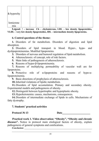 & hyperchy
lomicrone
mia
Legend: ↑ - increase Ch – chylomicrons, LDL – low density lipoproteides,
VLDL – very low density lipoproteides, IDL – intermediate density lipoproteins.
6. Control questions of the theme:
1. Disorders of fat metabolism. Disorders of digestion and lipid
absorption.
2. Disorders of lipid transport in blood. Hyper-, hypo- and
dyslipoproteinemias. Modified lipoproteins.
3. Disorders of nervous and humoral regulation of lipid metabolism.
4. Atherosclerosis: of concept, role of risk factors.
5. Main links of pathogenesis of atherosclerosis.
6. Reasons of hyper-β-lipoproteinemia.
7. Reasons of multiplying permeability of vascular wall are for
lipoproteins.
8. Protective role of α-lipoproteins and reasons of hypo-α-
lipoproteinemia.
9. Basic directions of prophylaxis of atherosclerosis.
10. Inherited violations of lipidic metabolism.
11. Disorders of lipid accumulation. Primary and secondary obesity.
Experimental models and pathogenesis of obesity.
12. Distinguish between hypertrophic and hyperplastic obesity.
13. Hyperketonemia: causes, mechanisms, consequences.
14. Disorders of intermediate exchange of lipids in cells. Mechanisms of
fatty dystrophy.
7. Students’ practical activities
Protocol № 13 Date_____________________
Practical work 1. Video observation: “Obesity”, “Obesity and chronic
diseases”. Notice in protocol main etiological factors of obesity, explain
pathogenesis of general symptoms and comlications.
Conclusion: __________________________________________________________
____________________________________________________________________
39
 