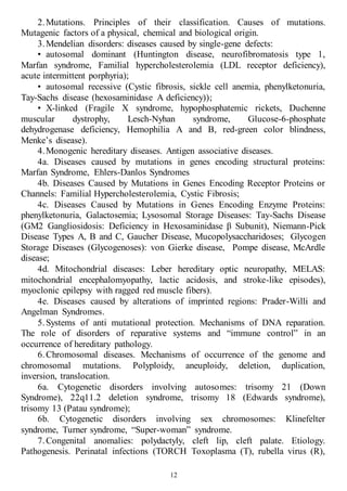 12
2.Mutations. Principles of their classification. Causes of mutations.
Mutagenic factors of a physical, chemical and biological origin.
3.Mendelian disorders: diseases caused by single-gene defects:
• autosomal dominant (Huntington disease, neurofibromatosis type 1,
Marfan syndrome, Familial hypercholesterolemia (LDL receptor deficiency),
acute intermittent porphyria);
• autosomal recessive (Cystic fibrosis, sickle cell anemia, phenylketonuria,
Tay-Sachs disease (hexosaminidase A deficiency));
• X-linked (Fragile X syndrome, hypophosphatemic rickets, Duchenne
muscular dystrophy, Lesch-Nyhan syndrome, Glucose-6-phosphate
dehydrogenase deficiency, Hemophilia A and B, red-green color blindness,
Menke’s disease).
4.Monogenic hereditary diseases. Antigen associative diseases.
4a. Diseases caused by mutations in genes encoding structural proteins:
Marfan Syndrome, Ehlers-Danlos Syndromes
4b. Diseases Caused by Mutations in Genes Encoding Receptor Proteins or
Channels: Familial Hypercholesterolemia, Cystic Fibrosis;
4c. Diseases Caused by Mutations in Genes Encoding Enzyme Proteins:
phenylketonuria, Galactosemia; Lysosomal Storage Diseases: Tay-Sachs Disease
(GM2 Gangliosidosis: Deficiency in Hexosaminidase β Subunit), Niemann-Pick
Disease Types A, B and C, Gaucher Disease, Mucopolysaccharidoses; Glycogen
Storage Diseases (Glycogenoses): von Gierke disease, Pompe disease, McArdle
disease;
4d. Mitochondrial diseases: Leber hereditary optic neuropathy, MELAS:
mitochondrial encephalomyopathy, lactic acidosis, and stroke-like episodes),
myoclonic epilepsy with ragged red muscle fibers).
4e. Diseases caused by alterations of imprinted regions: Prader-Willi and
Angelman Syndromes.
5.Systems of anti mutational protection. Mechanisms of DNA reparation.
The role of disorders of reparative systems and “immune control” in an
occurrence of hereditary pathology.
6.Chromosomal diseases. Mechanisms of occurrence of the genome and
chromosomal mutations. Polyploidy, aneuploidy, deletion, duplication,
inversion, translocation.
6a. Cytogenetic disorders involving autosomes: trisomy 21 (Down
Syndrome), 22q11.2 deletion syndrome, trisomy 18 (Edwards syndrome),
trisomy 13 (Patau syndrome);
6b. Cytogenetic disorders involving sex chromosomes: Klinefelter
syndrome, Turner syndrome, “Super-woman” syndrome.
7.Congenital anomalies: polydactyly, cleft lip, cleft palate. Etiology.
Pathogenesis. Perinatal infections (TORCH Toxoplasma (T), rubella virus (R),
 