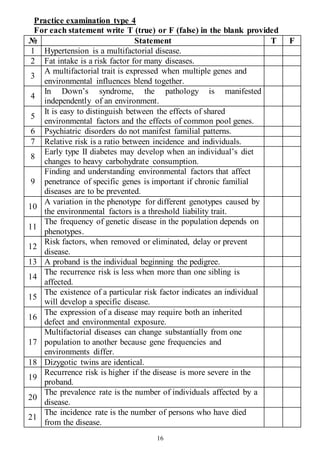 16
Practice examination type 4
For each statement write T (true) or F (false) in the blank provided
№ Statement T F
1 Hypertension is a multifactorial disease.
2 Fat intake is a risk factor for many diseases.
3
A multifactorial trait is expressed when multiple genes and
environmental influences blend together.
4
In Down’s syndrome, the pathology is manifested
independently of an environment.
5
It is easy to distinguish between the effects of shared
environmental factors and the effects of common pool genes.
6 Psychiatric disorders do not manifest familial patterns.
7 Relative risk is a ratio between incidence and individuals.
8
Early type II diabetes may develop when an individual’s diet
changes to heavy carbohydrate consumption.
9
Finding and understanding environmental factors that affect
penetrance of specific genes is important if chronic familial
diseases are to be prevented.
10
A variation in the phenotype for different genotypes caused by
the environmental factors is a threshold liability trait.
11
The frequency of genetic disease in the population depends on
phenotypes.
12
Risk factors, when removed or eliminated, delay or prevent
disease.
13 A proband is the individual beginning the pedigree.
14
The recurrence risk is less when more than one sibling is
affected.
15
The existence of a particular risk factor indicates an individual
will develop a specific disease.
16
The expression of a disease may require both an inherited
defect and environmental exposure.
17
Multifactorial diseases can change substantially from one
population to another because gene frequencies and
environments differ.
18 Dizygotic twins are identical.
19
Recurrence risk is higher if the disease is more severe in the
proband.
20
The prevalence rate is the number of individuals affected by a
disease.
21
The incidence rate is the number of persons who have died
from the disease.
 