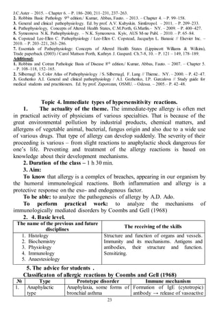 23
J.C.Aster – 2015. – Chapter 6. – P. 186–200, 211–231, 237–263.
2. Robbins Basic Pathology 9th edition./ Kumar, Abbas, Fauto. – 2013. – Chapter 4. – P. 99–158.
3. General and clinical pathophysiology. Ed. by prof. A.V. Kubyskin. Simferopol. – 2011. – P. 209–233.
4. Pathophysiology, Concepts of Altered Health States, C.M.Porth, G.Matfin.– NY. – 2009. – P. 400–427.
5. Symeonova N.K. Pathophysiology. – N.K. Symeonova. Kyiv, AUS M-ne Publ. – 2010. – P. 65–84.
6. Copstead Lee-Ellen C. Pathophysiology / Lee-Ellen C. Copstead, Jacquelyn L. Banasic // Elsevier Inc. –
2010. – P. 203–221, 263–286.
7. Essentials of Pathophysiology: Concepts of Altered Health States (Lippincott Williams & Wilkins),
Trade paperback (2003) / Carol Mattson Porth, Kathryn J. Gaspard. Ch.7-8, 10. – P. 121 – 149, 178–189.
Additional:
1. Robbins and Cotran Pathologic Basis of Disease 8th edition./ Kumar, Abbas, Fauto. – 2007. – Chapter 5.
– P. 108–118, 152–165.
2. Silbernagl S. Color Atlas of Pathophysiology / S. Silbernagl, F. Lang // Thieme.. NY. – 2000. – P. 42–47.
3. Gozhenko A.I. General and clinical pathophysiology / A.I. Gozhenko, I.P. Gurcalova // Study guide for
medical students and practitioners. Ed. by prof. Zaporozan, OSMU. – Odessa. – 2005.– P. 42–48.
Topic 4. Immediate types of hypersensitivity reactions.
1. The actuality of the theme. The immediate-type allergy is often met
in practical activity of physicians of various specialties. That is because of the
great environmental pollution by industrial products, chemical matters, and
allergens of vegetable animal, bacterial, fungus origin and also due to a wide use
of various drugs. That type of allergy can develop suddenly. The severity of their
proceeding is various – from slight reactions to anaphylactic shock dangerous for
one’s life. Preventing and treatment of the allergy reactions is based on
knowledge about their development mechanisms.
2. Duration of the class – 1 h 30 min.
3. Aim:
To know that allergy is a complex of breaches, appearing in our organism by
the humoral immunological reactions. Both inflammation and allergy is a
protective response on the exo- and endogenous factor.
To be able: to analyze the pathogenesis of allergy by A.D. Ado.
To perform practical work: to analyze the mechanisms of
immunologically mediated disorders by Coombs and Gell (1968)
2. 4. Basic level.
The name of the previous and future
disciplines
The receiving of the skills
1. Histology
2. Biochemistry
3. Physiology
4. Immunology
5. Anaestesiology
Structure and function of organs and vessels.
Immunity and its mechanisms. Antigens and
antibodies, their structure and function.
Sensitizing.
5. The advice for students .
Classificaton of allergic reactions by Coombs and Gell (1968)
№ Type Prototype disorder Immune mechanism
1. Anaphylactic
type
Anaphylaxia, some forms of
bronchial asthma
Formation of IgE (cytotropic)
antibody → release of vasoactive
 