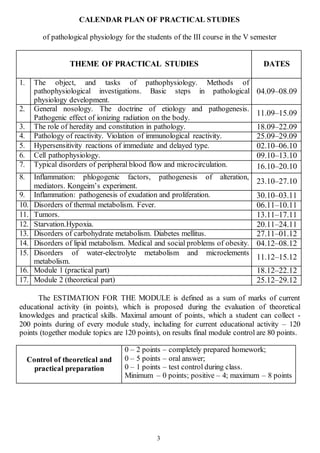 3
CALENDAR PLAN OF PRACTICAL STUDIES
of pathological physiology for the students of the III course in the V semester
THEME OF PRACTICAL STUDIES DATES
1. The object, and tasks of pathophysiology. Methods of
pathophysiological investigations. Basic steps in pathological
physiology development.
04.09–08.09
2. General nosology. The doctrine of etiology and pathogenesis.
Pathogenic effect of ionizing radiation on the body.
11.09–15.09
3. The role of heredity and constitution in pathology. 18.09–22.09
4. Pathology of reactivity. Violation of immunological reactivity. 25.09–29.09
5. Hypersensitivity reactions of immediate and delayed type. 02.10–06.10
6. Cell pathophysiology. 09.10–13.10
7. Typical disorders of peripheral blood flow and microcirculation. 16.10–20.10
8. Inflammation: phlogogenic factors, pathogenesis of alteration,
mediators. Kongeim’s experiment.
23.10–27.10
9. Inflammation: pathogenesis of exudation and proliferation. 30.10–03.11
10. Disorders of thermal metabolism. Fever. 06.11–10.11
11. Tumors. 13.11–17.11
12. Starvation.Hypoxia. 20.11–24.11
13. Disorders of carbohydrate metabolism. Diabetes mellitus. 27.11–01.12
14. Disorders of lipid metabolism. Medical and social problems of obesity. 04.12–08.12
15. Disorders of water-electrolyte metabolism and microelements
metabolism.
11.12–15.12
16. Module 1 (practical part) 18.12–22.12
17. Module 2 (theoretical part) 25.12–29.12
The ESTIMATION FOR THE MODULE is defined as a sum of marks of current
educational activity (in points), which is proposed during the evaluation of theoretical
knowledges and practical skills. Maximal amount of points, which a student can collect -
200 points during of every module study, including for current educational activity – 120
points (together module topics are 120 points), on results final module control are 80 points.
Control of theoretical and
practical preparation
0 – 2 points – completely prepared homework;
0 – 5 points – oral answer;
0 – 1 points – test control during class.
Minimum – 0 points; positive – 4; maximum – 8 points
 