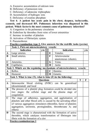 41
A. Excessive accumulation of calcium ions
B. Deficiency of potassium ions
C. Deficiency of adenosine triphosphate
D. Accumulation of hydrogen ions
E. Deficiency of creatine phosphate
Test 6. A patient has acute pain in his chest, dyspnea, tachycardia,
cyanosis, and decreased BP. Pulmonary infarction was diagnosed in this
patient. Which factor is the most common cause of pulmonary infarction?
A. Congestion in the pulmonary circulation
B. Embolism by thrombus from veins of lower extremities
C. Increase in number of platelets
D. Activation of fibrinolytic system
E. Pneumothorax
Practice examination type 2. Give answers for the real-life tasks (yes/no)
Task 1. Pick out microcirculatory vessels:
Indication y/n Indication y/n
A Large arteries. E Venules.
B Small arteries. F Arteriovenular
anastomoses (shunts).
C Arterioles. G Veins.
D Capillaries. H Aorta
Task 2. Which are the regulating mechanisms of microcirculatory vessels:
A Reflex. C Hemitic.
B Humoral. D Genetic.
Task 3. What is true (T), what is false (F) in the following:
Questions T F
A Intravascular blood clotting (IVBC) can be generalized
(disseminated) and local
B The process of a platelet plug formation could be divided into
two stages: the cellular stage and the plasma stage of
coagulation
C The stage of adherence, aggregation, and agglutination of
platelets and other blood cells is caused by the activating effect
of various aggregation stimulators (thrombin, factor of platelets
aggregation, serotonin, prostaglandins, thromboxane A2 and
others)
D The second stage is characterized with the formation of active
thrombin, which catalyzes transformation of fibrinogen into
fibrin with the formation of a clot
Practice examinationtype 3
 