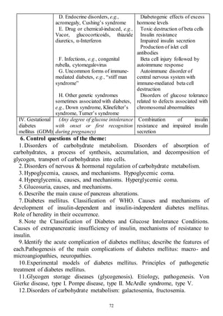 72
D. Endocrine disorders, e.g.,
acromegaly, Cushing’s syndrome
E. Drug or chemical-induced, e.g.,
Vacor, glucocorticoids, thiazide
diuretics, α-Interferon
F. Infections, e.g., congenital
rubella, cytomegalovirus
G. Uncommon forms of immune-
mediated diabetes, e.g., “stiff man
syndrome”
H. Other genetic syndromes
sometimes associated with diabetes,
e.g., Down syndrome, Klinefelter’s
syndrome, Turner’s syndrome
Diabetogenic effects of excess
hormone levels
Toxic destruction of beta cells
Insulin resistance
Impaired insulin secretion
Production of islet cell
antibodies
Beta cell injury followed by
autoimmune response
Autoimmune disorder of
central nervous system with
immune-mediated beta cell
destruction
Disorders of glucose tolerance
related to defects associated with
chromosomal abnormalities
IV. Gestational
diabetes
mellitus (GDM)
(Any degree of glucose intolerance
with onset or first recognition
during pregnancy)
Combination of insulin
resistance and impaired insulin
secretion
6. Control questions of the theme:
1.Disorders of carbohydrate metabolism. Disorders of absorption of
carbohydrates, a process of synthesis, accumulation, and decomposition of
glycogen, transport of carbohydrates into cells.
2.Disorders of nervous & hormonal regulation of carbohydrate metabolism.
3.Hypoglycemia, causes, and mechanisms. Hypoglycemic coma.
4.Hyperglycemia, causes, and mechanisms. Hyperglycemic coma.
5.Glucosuria, causes, and mechanisms.
6.Describe the main cause of pancreas alterations.
7.Diabetes mellitus. Classification of WHO. Causes and mechanisms of
development of insulin-dependent and insulin-independent diabetes mellitus.
Role of heredity in their occurrence.
8.Note the Classification of Diabetes and Glucose Intolerance Conditions.
Causes of extrapancreatic insufficiency of insulin, mechanisms of resistance to
insulin.
9.Identify the acute complication of diabetes mellitus; describe the features of
each.Pathogenesis of the main complications of diabetes mellitus: macro- and
microangiopathies, neuropathies.
10.Experimental models of diabetes mellitus. Principles of pathogenetic
treatment of diabetes mellitus.
11.Glycogen storage diseases (glycogenosis). Etiology, pathogenesis. Von
Gierke disease, type I. Pompe disease, type II. McArdle syndrome, type V.
12.Disorders of carbohydrate metabolism: galactosemia, fructosemia.
 