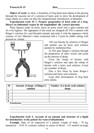 85
Protocol № 15 Date_____________________
Object of work: to show a formation of frog back arms edema at the passing
through the vascular net of a solution of lactic acid; to show the development of
lungs edema at a white rat after the intraperitoneal introduction of adrenalin.
Experimental work № 1. Prepare preparation of back arms of a frog.
Dissect an abdominal region by the longitudinal slit, extract internals.
Place ligature under an aorta, incise an aorta, insert into a glass cannula and
fix it by ligature. The upperparts of the trunk are chopped off. Fill a cannula with
Ringer’s solution for cool-blooded animals and unite it with the apparatus which
consists of two Marriott’s tubes connected with a T-joint by rubber tubing with
pressed-on clamps.
Fill one burette by solution of Ringer
and another one by lactic acid solution
painted by methylene-blue.
At first pass Ringer’s solution through
the preparation of arms vessels and count
up the amount of drops.
Close the clamp of burette with
Ringer’s solution and open the clamp of
burette with a lactic acid solution. Count
up a number of drops.
Pass a few times by turns Ringer’s
solution and lactic acid solution.
Look after development of frog back
arms edema.
№ Amount of drops of Ringer’s
solution
Number of a lactic acid solution
drops
1
2
3
4
Conclusion: ____________________________________________________________
______________________________________________________________________
______________________________________________________________________
______________________________________________________________________
Experimental work 2. Account of an amount and structure of a liquid
for introduction to the patient for want of dehydration
Example. Data of an inspection of a patient: weight of body - 70 kg,
hematocrit – 0.50 l/l, contents sodium in serum of blood - 132 mmol/l (average
 