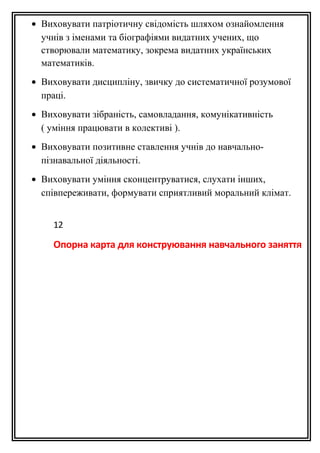 • Виховувати патріотичну свідомість шляхом ознайомлення
учнів з іменами та біографіями видатних учених, що
створювали математику, зокрема видатних українських
математиків.
• Виховувати дисципліну, звичку до систематичної розумової
праці.
• Виховувати зібраність, самовладання, комунікативність
( уміння працювати в колективі ).
• Виховувати позитивне ставлення учнів до навчально-
пізнавальної діяльності.
• Виховувати уміння сконцентруватися, слухати інших,
співпереживати, формувати сприятливий моральний клімат.
12
Опорна карта для конструювання навчального заняття
 