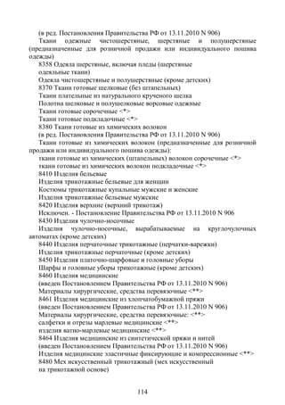 (в ред. Постановления Правительства РФ от 13.11.2010 N 906)
   Ткани одежные чистошерстяные, шерстяные и полушерстяные
(предназначенные для розничной продажи или индивидуального пошива
одежды)
   8358 Одеяла шерстяные, включая пледы (шерстяные
   одеяльные ткани)
   Одеяла чистошерстяные и полушерстяные (кроме детских)
   8370 Ткани готовые шелковые (без штапельных)
   Ткани плательные из натурального крученого шелка
   Полотна шелковые и полушелковые ворсовые одежные
   Ткани готовые сорочечные <*>
   Ткани готовые подкладочные <*>
   8380 Ткани готовые из химических волокон
   (в ред. Постановления Правительства РФ от 13.11.2010 N 906)
   Ткани готовые из химических волокон (предназначенные для розничной
продажи или индивидуального пошива одежды):
   ткани готовые из химических (штапельных) волокон сорочечные <*>
   ткани готовые из химических волокон подкладочные <*>
   8410 Изделия бельевые
   Изделия трикотажные бельевые для женщин
   Костюмы трикотажные купальные мужские и женские
   Изделия трикотажные бельевые мужские
   8420 Изделия верхние (верхний трикотаж)
   Исключен. - Постановление Правительства РФ от 13.11.2010 N 906
   8430 Изделия чулочно-носочные
   Изделия чулочно-носочные, вырабатываемые на круглочулочных
автоматах (кроме детских)
   8440 Изделия перчаточные трикотажные (перчатки-варежки)
   Изделия трикотажные перчаточные (кроме детских)
   8450 Изделия платочно-шарфовые и головные уборы
   Шарфы и головные уборы трикотажные (кроме детских)
   8460 Изделия медицинские
   (введен Постановлением Правительства РФ от 13.11.2010 N 906)
   Материалы хирургические, средства перевязочные <**>
   8461 Изделия медицинские из хлопчатобумажной пряжи
   (введен Постановлением Правительства РФ от 13.11.2010 N 906)
   Материалы хирургические, средства перевязочные: <**>
   салфетки и отрезы марлевые медицинские <**>
   изделия ватно-марлевые медицинские <**>
   8464 Изделия медицинские из синтетической пряжи и нитей
   (введен Постановлением Правительства РФ от 13.11.2010 N 906)
   Изделия медицинские эластичные фиксирующие и компрессионные <**>
   8480 Мех искусственный трикотажный (мех искусственный
   на трикотажной основе)


                                114
 