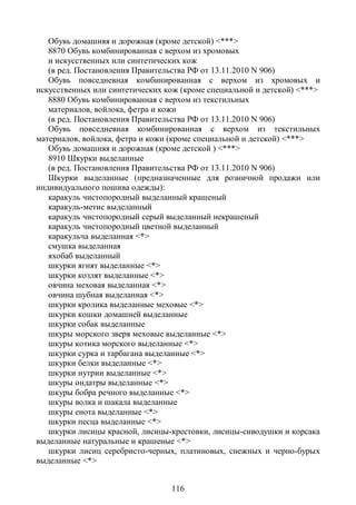 Обувь домашняя и дорожная (кроме детской) <***>
   8870 Обувь комбинированная с верхом из хромовых
   и искусственных или синтетических кож
   (в ред. Постановления Правительства РФ от 13.11.2010 N 906)
   Обувь повседневная комбинированная с верхом из хромовых и
искусственных или синтетических кож (кроме специальной и детской) <***>
   8880 Обувь комбинированная с верхом из текстильных
   материалов, войлока, фетра и кожи
   (в ред. Постановления Правительства РФ от 13.11.2010 N 906)
   Обувь повседневная комбинированная с верхом из текстильных
материалов, войлока, фетра и кожи (кроме специальной и детской) <***>
   Обувь домашняя и дорожная (кроме детской ) <***>
   8910 Шкурки выделанные
   (в ред. Постановления Правительства РФ от 13.11.2010 N 906)
   Шкурки выделанные (предназначенные для розничной продажи или
индивидуального пошива одежды):
   каракуль чистопородный выделанный крашеный
   каракуль-метис выделанный
   каракуль чистопородный серый выделанный некрашеный
   каракуль чистопородный цветной выделанный
   каракульча выделанная <*>
   смушка выделанная
   яхобаб выделанный
   шкурки ягнят выделанные <*>
   шкурки козлят выделанные <*>
   овчина меховая выделанная <*>
   овчина шубная выделанная <*>
   шкурки кролика выделанные меховые <*>
   шкурки кошки домашней выделанные
   шкурки собак выделанные
   шкуры морского зверя меховые выделанные <*>
   шкуры котика морского выделанные <*>
   шкурки сурка и тарбагана выделанные <*>
   шкурки белки выделанные <*>
   шкурки нутрии выделанные <*>
   шкуры ондатры выделанные <*>
   шкуры бобра речного выделанные <*>
   шкуры волка и шакала выделанные
   шкуры енота выделанные <*>
   шкурки песца выделанные <*>
   шкурки лисицы красной, лисицы-крестовки, лисицы-сиводушки и корсака
выделанные натуральные и крашеные <*>
   шкурки лисиц серебристо-черных, платиновых, снежных и черно-бурых
выделанные <*>


                                 116
 