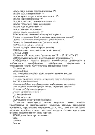 шкуры рыси и диких кошек выделанные <*>
   шкурки соболя выделанные <*>
   шкурки куниц, кидуса и харзы выделанные <*>
   шкурки норки выделанные <*>
   шкурки колонка и солонгоя выделанные <*>
   шкурки горностая и ласки выделанные
   шкурки хоря выделанные <*>
   шкуры росомахи выделанные
   шкурки выдры выделанные <*>
   8920 Одежда меховая и овчинно-шубная верхняя
   Одежда из овчины шубной и мехового велюра (кроме детской)
   Одежда меховая и комбинированная (кроме детской)
   Одежда на меховой подкладке (кроме детской)
   8930 Головные уборы меховые
   Головные уборы меховые (кроме детских)
   8940 Воротники, меха, пластины, скрои, женские
   меховые уборы
   Исключен. - Постановление Правительства РФ от 13.11.2010 N 906
   9110 Продукция сахарной и хлебопекарной промышленности
   Хлебобулочные изделия (изделия хлебобулочные диетические и
диабетические,    полуфабрикаты      хлебобулочные    замороженные    и
охлажденные, изделия хлебобулочные из пшеничной муки)
   Сахар-песок
   Сахар-рафинад
   9112 Продукция сахарной промышленности прочая и отходы
   ее производства
   Кормовая продукция сахарной и крахмало-паточной продукции
   9117 Изделия бараночные
   Изделия хлебобулочные бараночные, хлебные палочки, соломка
   9118 Изделия сухарные (сухари, гренки, хрустящие хлебцы)
   Изделия хлебобулочные сухарные
   Сухари сдобные пшеничные
   Сухари армейские
   Хлебцы хрустящие
   9120 Изделия кондитерские сахаристые
   Сахаристые кондитерские изделия (карамель, драже, конфеты
глазированные и неглазированные, помадные, сбивные, грильяжные,
пралиновые, марципановые, фруктово-ягодные, ирис, халва, пастила, зефир,
мармелад, желейные изделия, восточные сладости, резинка жевательная,
шоколад и изделия из него, какао-порошок)
   9130 Изделия кондитерские мучные
   Баба
   Печенье
   Галеты


                                  117
 