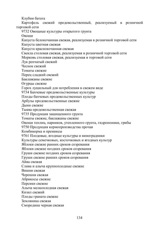 Клубни батата
   Картофель свежий продовольственный, реализуемый в розничной
торговой сети
   9732 Овощные культуры открытого грунта
   Овощи
   Капуста белокочанная свежая, реализуемая в розничной торговой сети
   Капуста цветная свежая
   Капуста краснокочанная свежая
   Свекла столовая свежая, реализуемая в розничной торговой сети
   Морковь столовая свежая, реализуемая в торговой сети
   Лук репчатый свежий
   Чеснок свежий
   Томаты свежие
   Перец сладкий свежий
   Баклажаны свежие
   Огурцы свежие
   Горох лущильный для потребления в свежем виде
   9734 Бахчевые продовольственные культуры
   Плоды бахчевых продовольственных культур
   Арбузы продовольственные свежие
   Дыни свежие
   Тыква продовольственная свежая
   9735 Продукция защищенного грунта
   Томаты свежие, баклажаны свежие
   Овощи теплиц, парников, утепленного грунта, гидропоники, грибы
   9750 Продукция кормопроизводства прочая
   Комбикорма и премиксы
   9761 Плодовые, ягодные культуры и виноградники
   Культуры семечковых, косточковых и ягодных культур
   Яблоки свежие ранних сроков созревания
   Яблоки свежие поздних сроков созревания
   Груши свежие поздних сроков созревания
   Груши свежие ранних сроков созревания
   Айва свежая
   Слива и алыча крупноплодные свежие
   Вишня свежая
   Черешня свежая
   Абрикосы свежие
   Персики свежие
   Алыча мелкоплодная свежая
   Кизил свежий
   Плоды граната свежие
   Земляника свежая
   Смородина черная свежая


                                134
 
