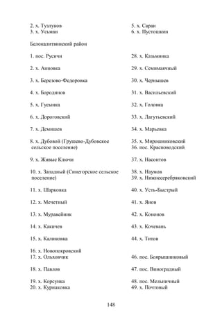 2. х. Тузлуков                          5. х. Сараи
3. х. Усьман                            6. х. Пустошкин

Белокалитвинский район

1. пос. Русичи                          28. х. Казьминка

2. х. Анновка                           29. х. Семимаячный

3. х. Березово-Федоровка                30. х. Чернышев

4. х. Бородинов                         31. х. Васильевский

5. х. Гусынка                           32. х. Головка

6. х. Дороговский                       33. х. Лагутьевский

7. х. Демишев                           34. х. Марьевка

8. х. Дубовой (Грушево-Дубовское        35. х. Мирошниковский
 сельское поселение)                    36. пос. Красноводский

9. х. Живые Ключи                       37. х. Насонтов

10. х. Западный (Синегорское сельское   38. х. Наумов
 поселение)                             39. х. Нижнесеребряковский

11. х. Шарковка                         40. х. Усть-Быстрый

12. х. Мечетный                         41. х. Янов

13. х. Муравейник                       42. х. Кононов

14. х. Какичев                          43. х. Кочевань

15. х. Калиновка                        44. х. Титов

16. х. Новопокровский
17. х. Ольховчик                        46. пос. Боярышниковый

18. х. Павлов                           47. пос. Виноградный

19. х. Корсунка                         48. пос. Мельничный
20. х. Курнаковка                       49. х. Почтовый


                                148
 