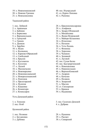 19. х. Нижнемакеевский           40. пос. Изумрудный
20. х. Нижние Грачики            41. сл. Курно-Липовка
21. х. Новоалексеевка            42. х. Рыновка

Тацинский район

1. пос. Лубяной                  28. х. Краснокомиссаровка
2. х. Араканцев                  29. х. Алифанов
3. х. Бабовня                    30. х. Захаро-Обливский
4. х. Борисовка                  31. х. Михайловка
5. х. Верхнекольцов              32. х. Яново-Петровский
6. х. Гремучий                   33. х. Майоро-Белашовка
7. х. Гринев                     34. х. Игнатенко
8. х. Дымков                     35. х. Потапов
9. х. Зарубин                    36. х. Усть-Халань
10. х. Исаев                     37. х. Фоминка
11. х. Калмыков                  38. х. Херсонка
12. х. Карпово-Обрывский         39. х. Чумаков
13. х. Свободный                 40. х. Заливной
14. х. Крылов                    41. х. Луговой
15. х. Кустоватов                42. пос. Сухая Балка
16. х. Кухтачев                  43. пос. Быстрореченский
17. х. Лесной                    44. х. Новопавловка
18. х. Малокачалин               45. х. Нижнекольцов
19. х. Новомарьевка              46. х. Верхнеобливский
20. х. Новониколаевский          47. х. Андреев
21. х. Новороссошанский          48. х. Качалин
22. х. Платонов                  49. х. Поляков
23. х. Пролетарский              50. х. Зазерский
24. х. Пуличев                   51. х. Маслов
25. х. Кащеевка                  52. ст. Скосырская
26. х. Коминтерн                 53. х. Крюков
27. х. Комиссаров                54. х. Надежевка

Усть-Донецкий район

1. х. Топилин                    3. пос. Сусатско-Донской
2. пос. Огиб                     4. х. Дубрава

Целинский район

1. пос. Полянки                  28. х. Пушкина
2. с. Богдановка                 29. х. Рассвет
3. с. Дубовка                    30. х. Самарский


                           172
 