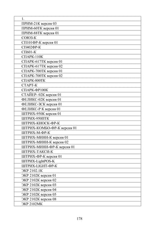1.
ПРИМ-21К версия 03
ПРИМ-60ТК версия 01
ПРИМ-88ТК версия 01
СОЮЗ-К
СП101ФР-К версия 01
СП402ФР-К
СП601-К
СПАРК-110К
СПАРК-617ТК версия 01
СПАРК-617ТК версия 02
СПАРК-700ТК версия 01
СПАРК-700ТК версия 02
СПАРК-800ТК
СТАРТ-К
СПАРК-ФР100К
СТАЙЕР- 02К версия 01
ФЕЛИКС-02К версия 01
ФЕЛИКС-ЗСК версия 01
ФЕЛИКС-Р К версия 01
ШТРИХ-950К версия 01
ШТРИХ-950ПТК
ШТРИХ-КИОСК-ФР-К
ШТРИХ-КОМБО-ФР-К версия 01
ШТРИХ-М-ФР-К
ШТРИХ-МИНИ-К версия 01
ШТРИХ-МИНИ-К версия 02
ШТРИХ-МИНИ-ФР-К версия 01
ШТРИХ-ТАКСИ-К
ШТРИХ-ФР-К версия 01
ШТРИХ-LightPOS-K
ШТРИХ-LIGHT-ФР-К
ЭКР 2102.1К
ЭКР 2102К версия 01
ЭКР 2102К версия 02
ЭКР 2102К версия 03
ЭКР 2102К версия 04
ЭКР 2102К версия 05
ЭКР 2102К версия 08
ЭКР 2102МК


                         178
 